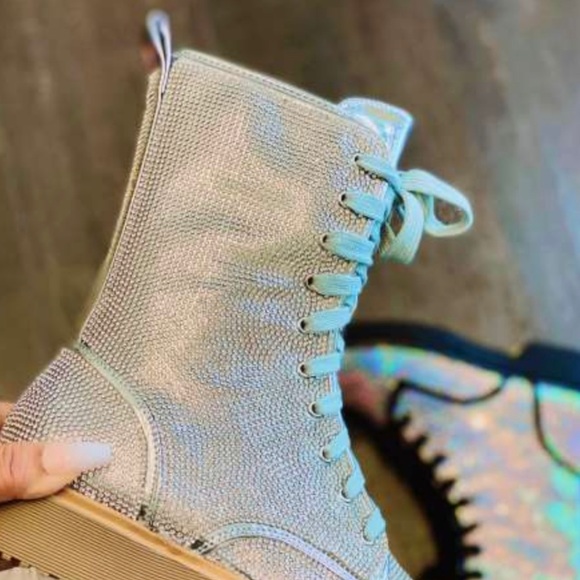 Pazzle BETSY Combat Silver Rhinestone Embellished Lace-up Tall Metallic Boot - Picture 4 of 10